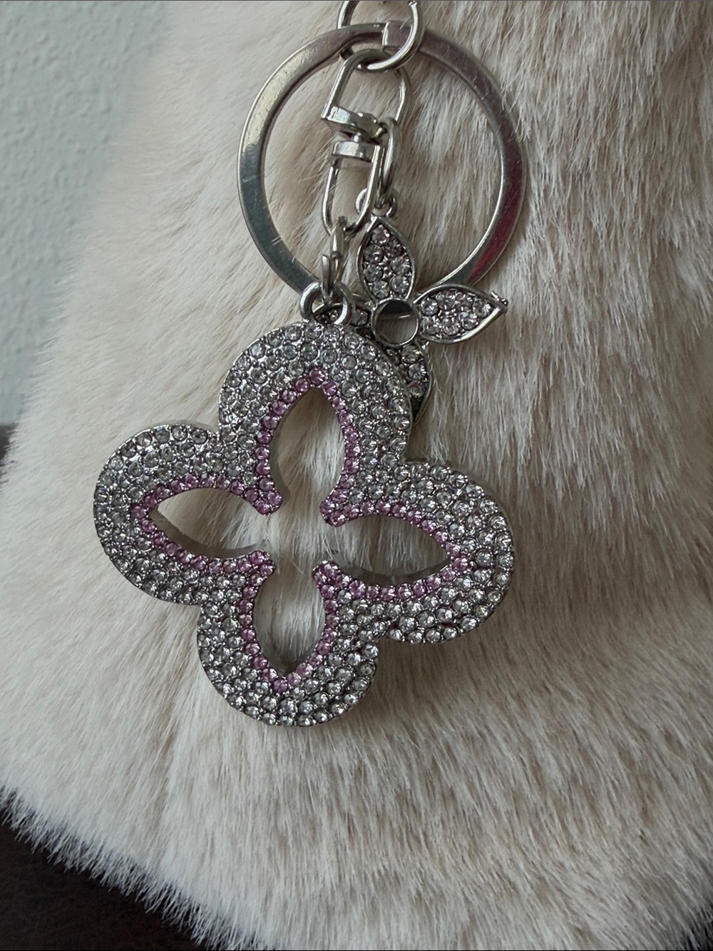 Blooming Flowers Crystal Keychain Bag Charm Silver with Light Pink Accents NWOT